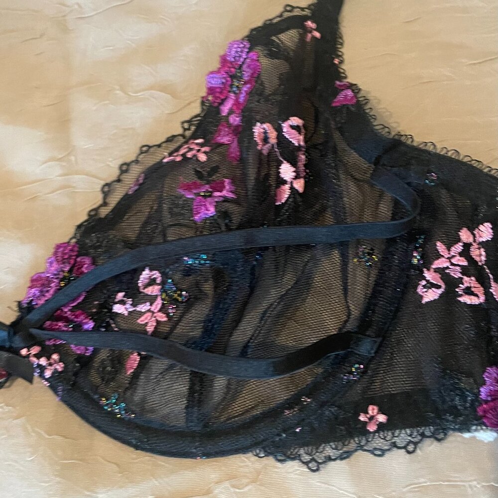 Victoria's Secret Black Embroidered Purple and Pink Accent Low Cut Demi - Picture 10 of 11